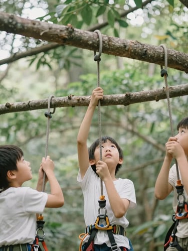 Soft editorial photography, filtered forest daylight, children looking up at the high canopy with wonder, hands securing climbing ropes around thick branches, shallow depth of field, 35mm