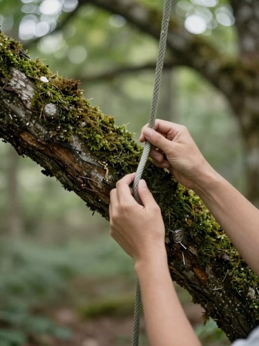 Soft editorial photography, filtered forest daylight, hands gently securing a soft climbing rope around a thick mossy oak branch, shallow depth of field, 35mm