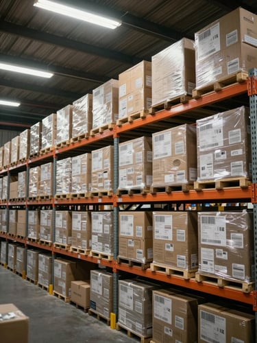 Wide shot of organized warehouse shelving under bright overhead institutional fluorescent light, sealed product boxes stacked in uniform rows, barcodes and serial number labels visible, no people, austere inventory system framing
