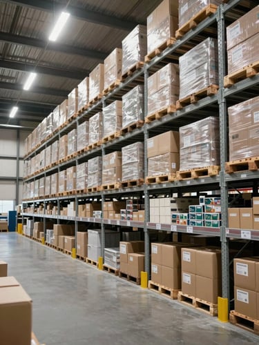 Wide shot of an institutional warehouse interior, floor-to-ceiling metal shelving units stocked with sealed cardboard boxes and labeled product pallets, bright overhead fluorescent lighting, clean concrete floor, no people, organized and systematic
