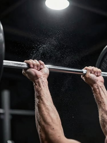 Close-up of a male athlete's hands gripping a cold steel barbell mid-lift, chalk dust suspended in the air, studio strobe lighting from directly above casting sharp shadows on knuckles and veins, black background, high contrast monochrome