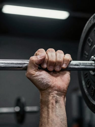 Close-up of a chalk-dusted hand gripping a steel barbell in a dark weight room, fingers wrapped tight, knuckles sharp against the cold metal, single overhead light casting hard shadow across the grip — no face, no background detail, just the contact point between effort and iron