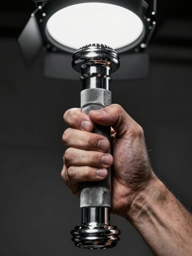 Close-up of a chalk-dusted barbell knurling gripped by two hands, studio strobe light from above casting hard shadows across knuckles and calluses, monochrome, no face visible, tight crop on the grip