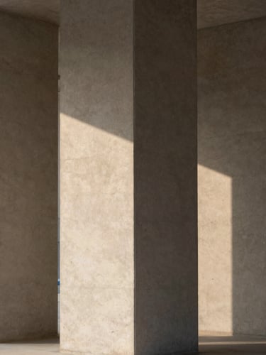 Abstract architectural composition of concrete pillars and sharp shadows, soft natural light, warm charcoal tones, minimalist editorial style