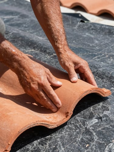 Close-up of a craftsman's hands carefully placing a traditional curved terracotta clay tile on a roof, modern dark grey insulation membrane visible underneath, bright natural daylight, high contrast.