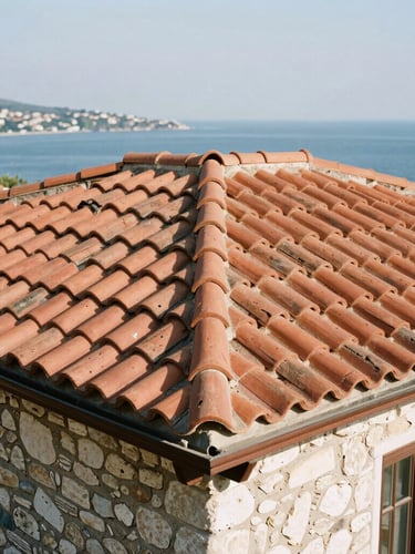 High-angle architectural shot of traditional terracotta roof tiles aligned perfectly on a Seferihisar stone house, bright Aegean morning light casting crisp shadows, coastal landscape blurred in the background, 35mm.