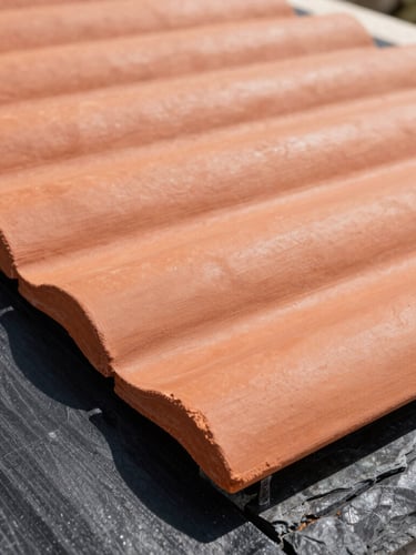 Close-up of high-quality terracotta roof tiles being laid in perfect alignment on a modern black insulation membrane, sharp focus, bright Aegean sunlight showing rich textures.
