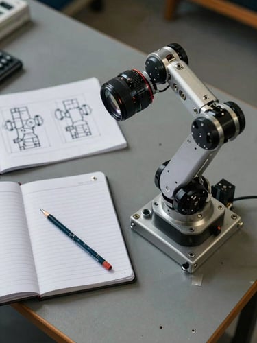 Close overhead view of a robotics workbench, engineering notebook open beside a partially assembled robot arm, mechanical pencil and printed CAD sheet visible under diffuse workshop lighting