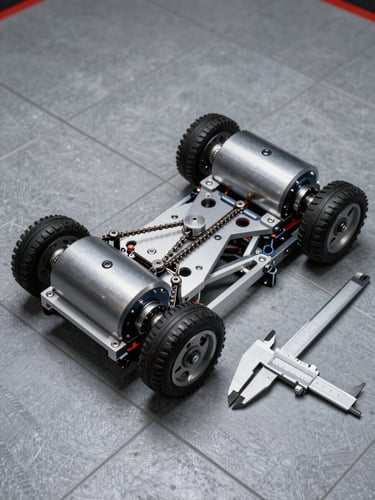 Overhead view of a robot drive base on a gray competition tile, two motor pods and chain tensioners visible, a caliper resting beside the frame measuring wheel spacing, sharp studio strobe light emphasizing the machined surfaces