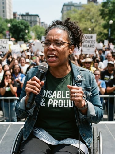 Eye-level portrait of a disabled community organizer speaking into a microphone at a public rally, bright natural daylight, high-contrast realistic tones.