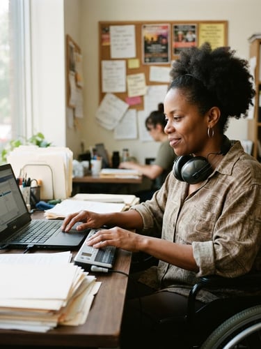 Eye-level documentary portrait of a disabled community organizer working at a bright, sunlit desk with adaptive screen-reading technology, high contrast, authentic daylight, sharp focus