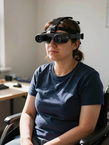 Eye-level documentary portrait of a disabled community organizer using adaptive head-tracking technology in a sunlit workspace, sharp focus, high-contrast.