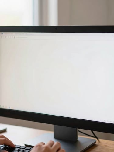 A close-up shot of a low-vision writer using a high-contrast screen reader on a large monitor, warm natural light from a nearby window.