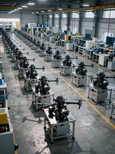 Wide industrial manufacturing floor, rows of precision drone assembly stations receding into depth, hard overhead studio lighting casting sharp shadows on metal components, no workers visible, cool steel and concrete surfaces, environmental establishing shot from elevated vantage point