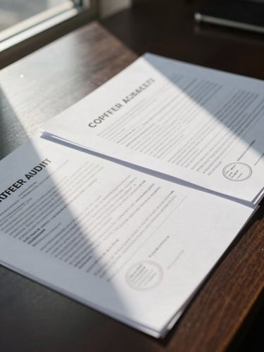 Overhead close-up of compliance audit documents spread across a dark boardroom table, certification marks and dense regulatory text visible, hard natural window light from the left, no hands or people, high contrast