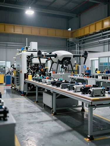 Wide environmental shot of an industrial drone assembly floor, heavy machinery and component racks in mid-ground, hard overhead studio lighting casting sharp shadows on metal surfaces, no people, cool industrial palette