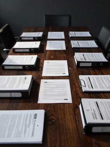 Wide boardroom table shot from the head of the table, classified binders and printed compliance documents spread across the surface, hard overhead studio light casting sharp shadows, deep charcoal tones, no people present, architectural framing