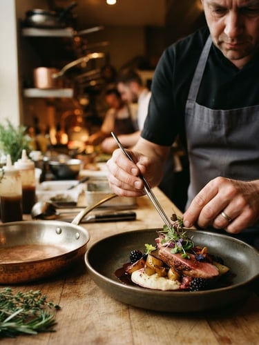 Close-up of a chef plating a dish in a dimly lit, warm kitchen, soft natural light reflecting off a copper pan, editorial food photography style.
