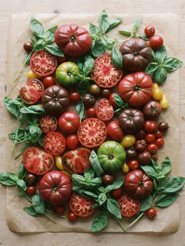 Overhead flat-lay of raw heirloom tomatoes and fresh basil on a textured parchment table, soft Scandinavian daylight, rich crimson tones, 35mm