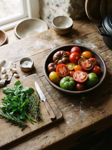 Overhead 35mm editorial shot of a rustic wooden kitchen counter during morning prep, raw heirloom tomatoes and fresh herbs bathed in soft Scandinavian daylight, rich crimson tones, tactile matte texture