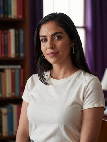 Environmental portrait of Ruj Cariaga in a warm, book-lined study, soft window light, shallow depth of field, 35mm photography