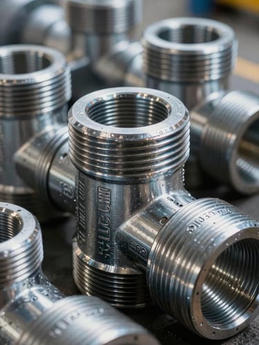 Close-up of industrial steel pipe couplings with stamped certification codes and precise threading, cool warehouse daylight highlighting metallic texture