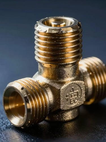 Macro close-up of heavy-duty threaded brass valve, focus on precise metal threads and certification stamp, dramatic high-contrast industrial lighting with cool blue shadows and warm gold metallic reflections.