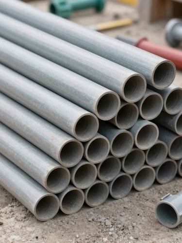 Low-perspective wide shot of massive stacks of large-diameter dark gray UPVC pressure pipes in an outdoor Omani logistics yard under high-contrast desert sunlight.