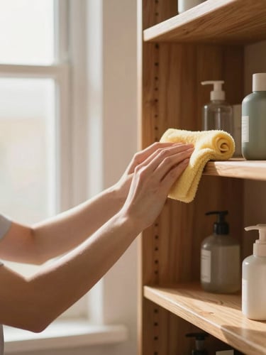 Professional helper in a simple, clean uniform, hands gently cleaning a wooden shelf with a duster, soft morning light streaming from a window, clean domestic items neatly arranged. Portrait aspect, subject in left third.