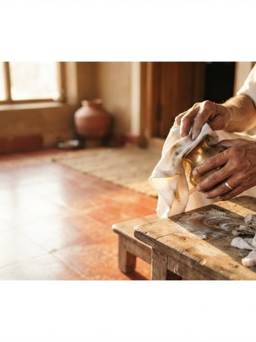 Close-up of hands gently polishing a brass utensil under warm morning sunlight, a neatly swept traditional tiled floor in the background. Panoramic 21:9 frame, subject in right third.