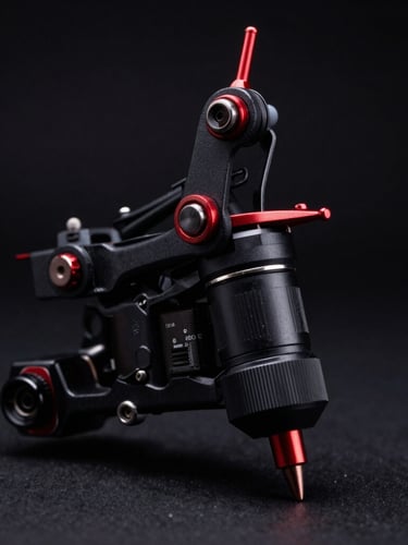 Macro close-up of a professional tattoo machine with sharp crimson red accents, dramatic side-lighting, dark moody studio background, 35mm lens