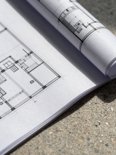 Close-up macro shot of architectural blueprints, sharp technical lines, raw stone table surface, hard directional side light.