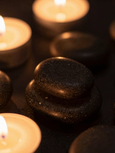Macro shot of smooth dark basalt stones resting in warm amber candlelight, soft shadow play, shallow depth of field