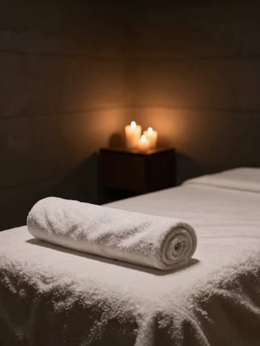 Moody spa photography, warm low-key candlelight illuminating a clean, empty treatment room with dark slate walls and rolled white towels, 35mm