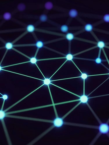 Abstract dark-themed 3D network nodes with neon-green connections, crisp high-contrast digital rendering, low-key moody blue and purple ambient light