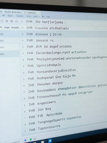 Close-up of a software engineer reviewing structured JSON schemas and FHIR API specifications on a vertical monitor, cool screen glow, sharp focus, 35mm