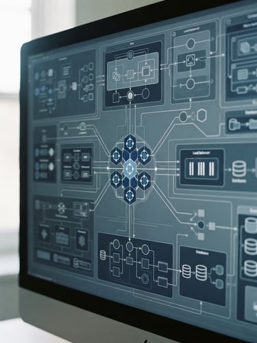 A close-up of clean technical system architecture diagrams on a monitor, cool slate and navy tones, sharp focus, 35mm