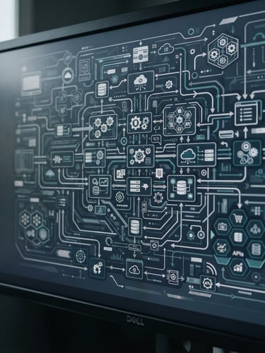 Macro photograph of clean technical system architecture diagram on a monitor, cool daylight mixed with subtle screen glow, slate and navy tones, sharp focus, 35mm