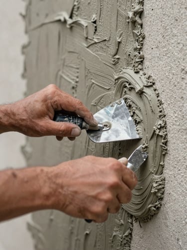 Close-up of a craftsman's hands using a steel trowel to apply clean stucco mixture to an exterior wall, high contrast texture.