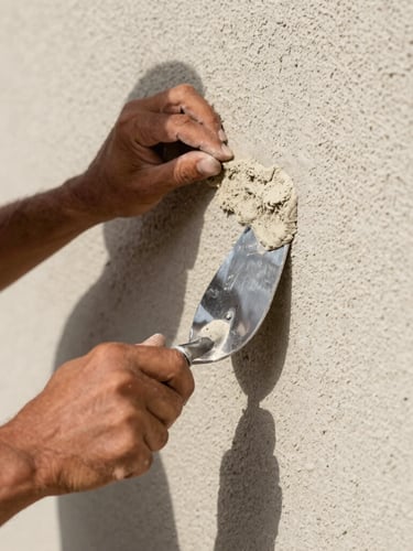 Tight macro shot of a craftsman's hands using a steel trowel to apply wet sand-textured stucco to an exterior wall, bright Florida morning light casting sharp shadows across the grain.
