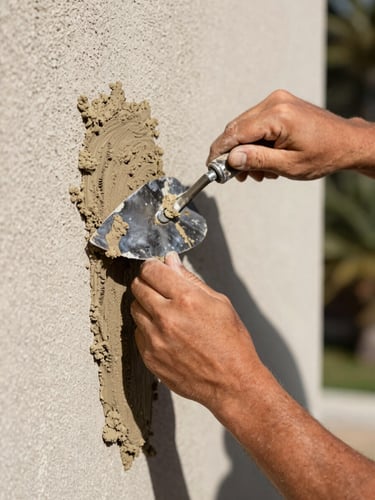 Close-up of a mason's hands using a steel trowel to apply wet sand-finish stucco to an exterior wall in bright Florida sunlight, highlighting the detailed texture.