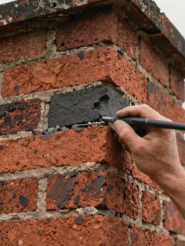 Close-up of a skilled hand performing tuckpointing on old brick chimney, warm natural light, detailed masonry texture, 35mm