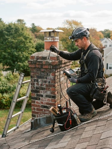 Technician performing a detailed chimney inspection on a roof, clear New England sky, diagnostic tools visible, warm natural light, 35mm