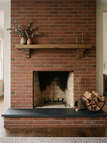 Wide shot of a pristine, clean brick fireplace hearth, warm natural indoor light, no soot, no dust, sharp focus, 35mm