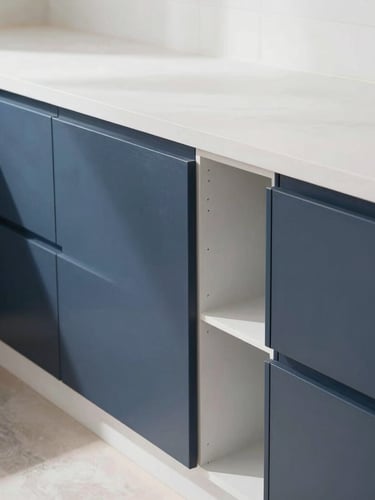 Bright natural daylight illuminating a clean, dust-controlled kitchen remodeling workspace, showing sharp focus on newly installed cabinetry and precise carpentry joints.