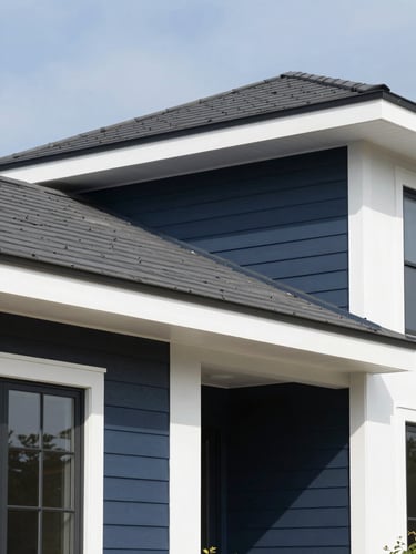 Crisp architectural photography of a modern home exterior showing clean siding lines and a newly completed roof under bright natural daylight.