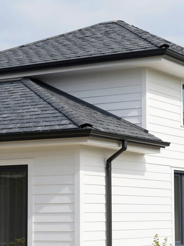Crisp architectural photography of a modern home exterior, clean siding lines, newly completed slate roof under bright natural daylight, 35mm lens