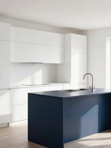 Bright architectural photo of a modern kitchen with clean white cabinets, deep navy blue island, and precise carpentry joints, natural daylight, 35mm lens