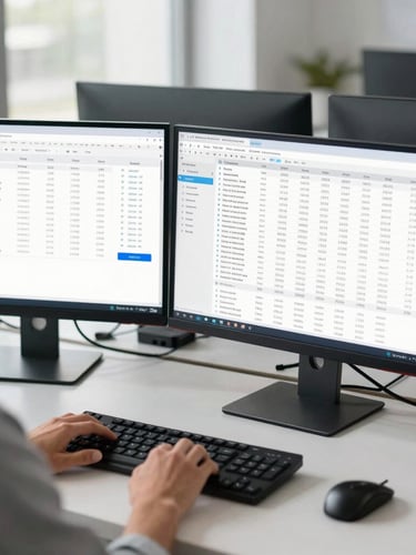 An over-the-shoulder view of a clean, modern dual-monitor workstation in a bright, daylight-filled office, displaying structured data dashboards and billing workflows.