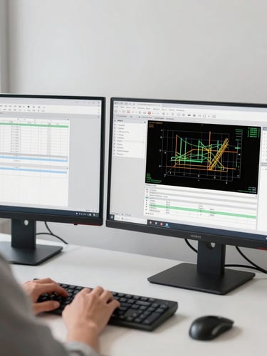 Over-the-shoulder shot of a modern workspace, dual monitors displaying construction estimating software with CAD drawings, bright neutral daylight, clean white balance.